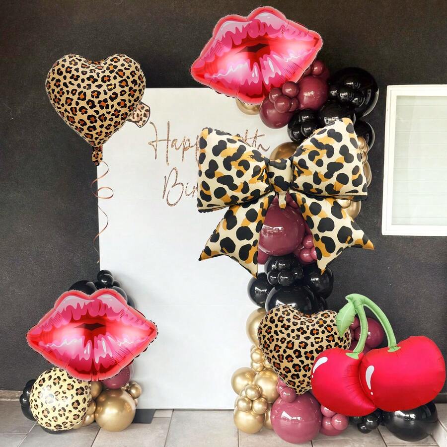 6pcs Matte Leopard Print Bow Themed Balloons, Includes Cherry, Bow, Lip Heart Foil Balloons, For Bow Decor, Birthday, Valentine's Day, Leopard Birthday Party, Wild Theme Party, Girls' Night, Retro Glamour Party, Retro Charm Party, Wild Feminine Celebration, Bachelorette Party, And Any Event Needing Fun Wild Leopard Vibe With Sweet Elements - Multicolor - View 1