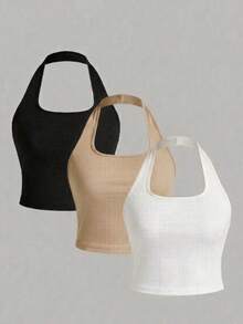 Women's Solid Color Halter Casual Versatile Daily Wear Top - Camel - View 1