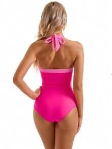 Women's Sexy Slimming One-Piece Halter Vintage Swimsuit Vacation Beach Summer - Rose Red - View 2