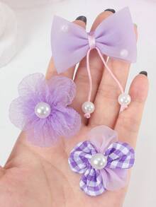 10个紫色蝴蝶结、珍珠、网状花朵发夹和发圈，可爱女孩日常及派对发饰 - 紫色 - 查看 8