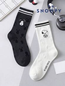 1/2雙 Snoopy 黑白中筒襪，適合女性夏季、運動與情侶穿著，卡通 Snoopy 圖案時尚襪 - 彩色 - 查看 7