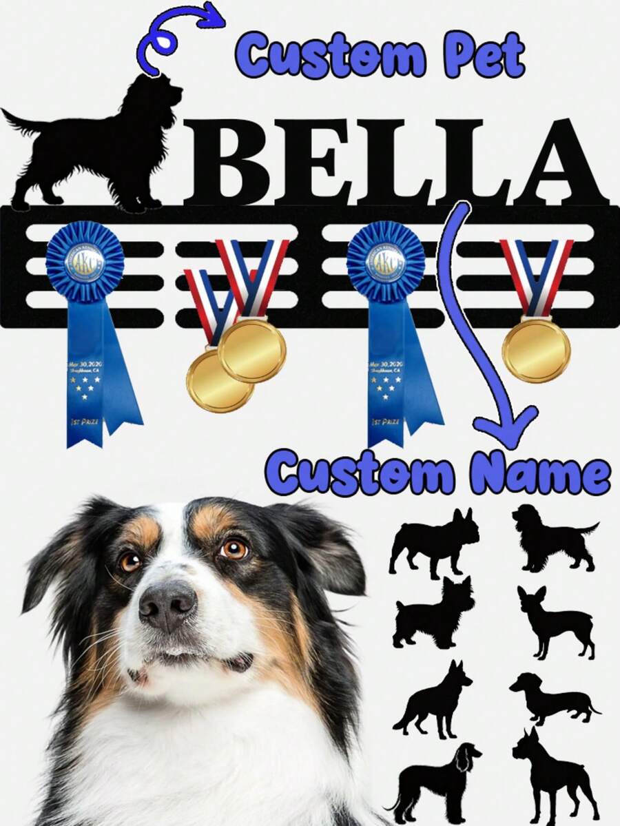 Soporte personalizado para medallas de raza de perro, exhibición de premios de mascota personalizada, soporte personalizado para cintas de exposición de perros, estante personalizado para exhibición de medallas de exposición de mascotas - Negro - Ver 1