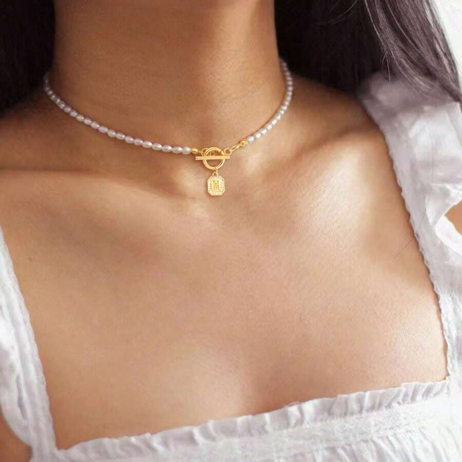 1 chiếc mặt dây chuyền chữ cái tối giản mới, dạng dây hạt, thích hợp để đeo dự tiệc. - trắng - Xem 1