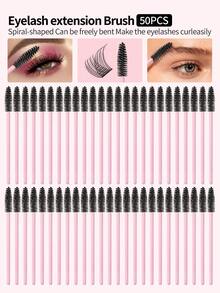 50pcs/Set Single-Head Eyelash & Eyebrow Brush, Bendable Spiral Dual-Use Multifunctional Portable Eyebrow Makeup Tool For Travel - Pink - View 2