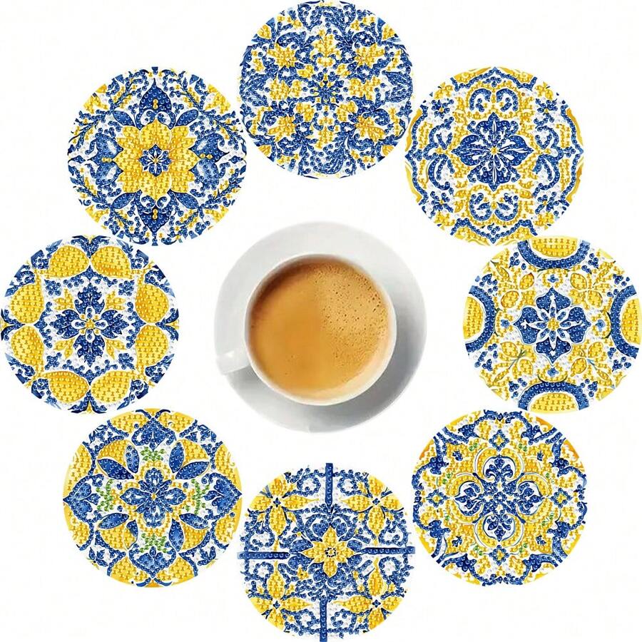 8件套柠檬清新钻石画杯垫套装 - DIY钻石艺术杯垫，防滑饮料杯垫，适用于汽车、茶杯、咖啡杯、饮料杯，适合家居和办公室装饰，乔迁之喜，送给父母、朋友的礼物，派对礼品 - 套裝 - 查看 1
