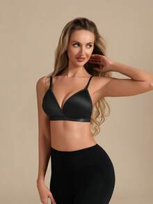 1pc Women's Summer French Triangle Cup Silk Wireless Bra, Removable Pads, Adjustable Straps, Casual Minimalist, Versatile Solid Deep V Bra - Black - View 5