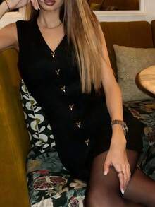 2026 Nuevo vestido mini elegante para mujer, vestido de fiesta de verano, vestido elástico de punto y diseño de hebilla de corazón de metal, adecuado para fiesta, viaje diario, cita nocturna en color negro - Rosa - Ver 8