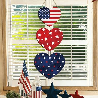 Trang trí treo tường bằng gỗ hình trái tim 3 tầng hình cờ Mỹ, phong cách mộc mạc yêu nước cho ngày Quốc khánh 4 tháng 7.