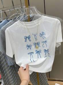 Áo thun ngắn tay in hình nơ dễ thương, phong cách Kawaii ngọt ngào dành cho bé gái, áo croptop ôm sát, trang phục thường ngày đa năng mùa hè màu trắng. - trắng - Xem 2