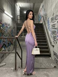 Vacation-Ready Waist-Cinching Dress – Elegant Summer Midi Dress - Purple - View 3
