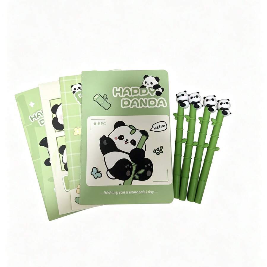 8pcs Cute Cartoon Panda A5 Lined Notebook Set, Panda Pen Pouch, Memo Pad, Notebook, Student Stationery Set (4 Pens + 4 Notebooks) - Multicolor - View 1
