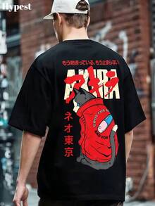 Anime-Style Akira Neon Tokyo Red Cat 100 Percent Cotton Loose Fit Graphic Shirts Anime Clothes Men's Clothing Spring Outfit Men's Tshirt Streetwear Gifts For Men For Anime Fan Cozy And Perfect For Daily Wear - 黑色 - 查看 4