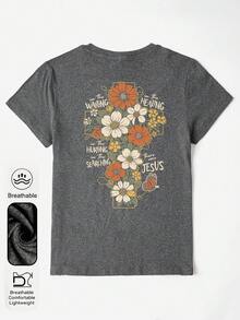 Plus Size Women's Vacation Spring Flowers Graphic Crew Neck Short Sleeves Vintage Summer Women's Tops ,Women's Travel Christian Spring Graphic Crew Neck Short Sleeves Romantic Summer Women's Dark Gray T-Shirts. Casual - Dark Grey - View 2