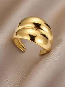 1pc Stainless Steel Adjustable Open Ring, Double Curved Arc Design, Minimalist Luxury Style, Gold Color, Suitable For Women's Daily Outfit, Commute And Casual Accessories - Ring - View 4