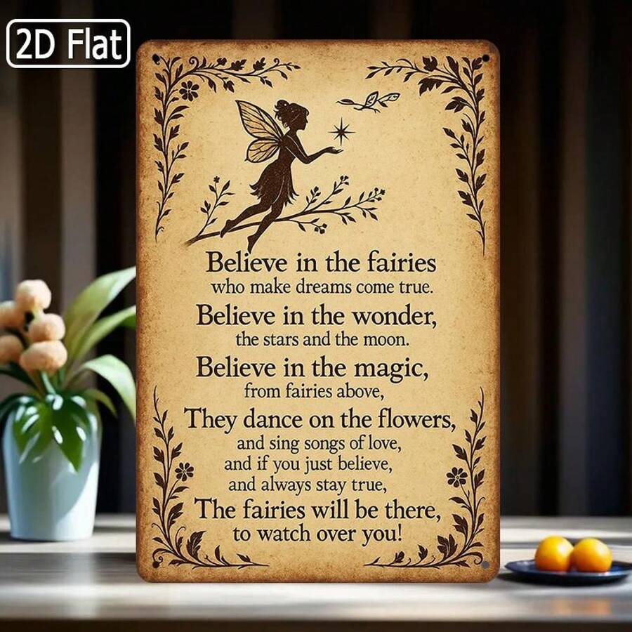 [2D Flat]1-Piece Tin Sign With Fairy Tale Message - Vintage Metal Wall Decor With Inspirational Quotes, Rustic Style 8x12inch (20x 30cm ) Bohemian Home Decor With Fairy And Floral Motifs, A Fantastic Gift Idea For Bedrooms, Living Rooms, And Offices - 多種 - 查看 1