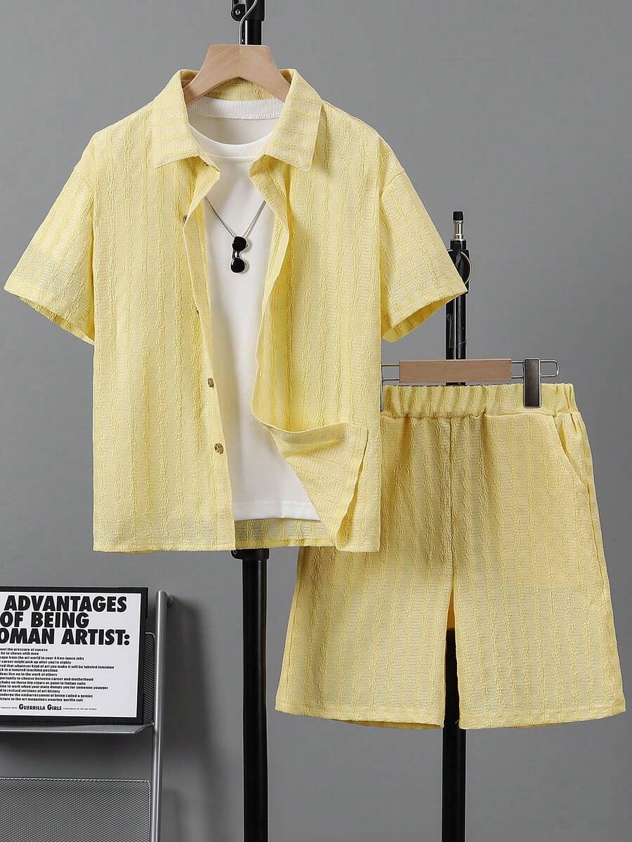 Tween Boys' Summer Casual Outdoor Versatile Textured Solid Color Shirt And Textured Solid Color Shorts 2 Pieces Set - Yellow - View 1