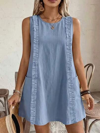 女士夏季纯色休闲可爱沙滩日常无袖背心，饰有荷叶边和口袋，搭配优雅迷你连衣裙
