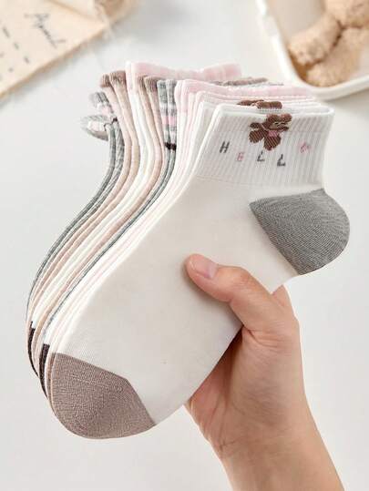 5 đôi tất nữ dễ thương họa tiết gấu hoạt hình và sọc, thoáng khí, thoải mái, dạng lưới, tất ngắn cổ cao có bèo nhún, màu trắng, tất đi học, thích hợp mặc hàng ngày và thường ngày, phù hợp cho mùa xuân và mùa hè, cho mọi mùa.