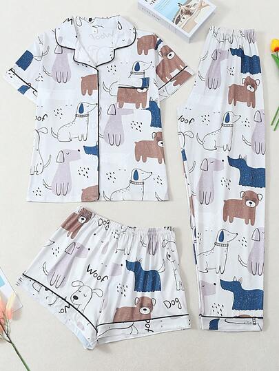3 PiecesDog Print Short Sleeve Top, Shorts & Cardigan Pajama Set, Comfortable Homewear Suitable For Indoor & Outdoor Wear