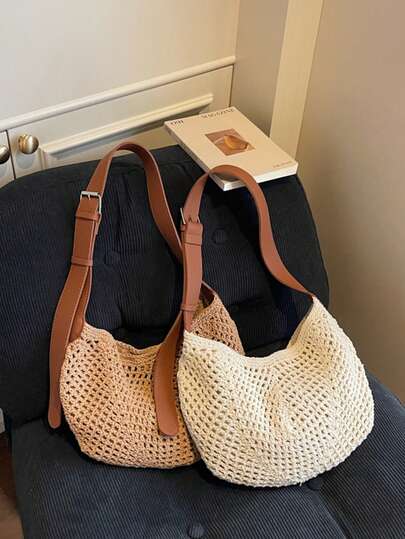 1pc, 33cm*11cm*20cm Woven Shoulder Bag, Hollow Out Shoulder Bag, Women's Shoulder Bag, Crossbody Bag, Girl's Backpack, Commuter Bag, Shoulder Bag, Handbag, Suitable For School, Commute, Shopping, Vacation, Gift