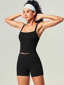 Top de yoga sin costuras acanalado, top corto de tirantes para actividades deportivas - Negro - Ver 9