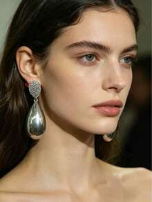 1对长款水滴形水钻耳环，复古简约时尚日常佩戴饰品 - 水滴光面耳環 - 查看 5