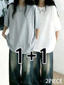 2件套 女士休闲宽松圆领纯色短袖T恤，春夏款 - 白色+淺花灰 - 查看 3