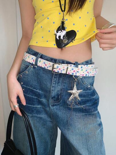 1pc Women's White PU Material Colorful Star Decor Personalized Waist Belt