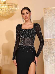 Đầm dạ hội dài tay cổ vuông màu đen thanh lịch mới, đính sequin lấp lánh, có thiết kế xẻ tà, phù hợp cho các buổi dạ tiệc, tiệc năm mới và lễ cưới. - màu đen - Xem 7