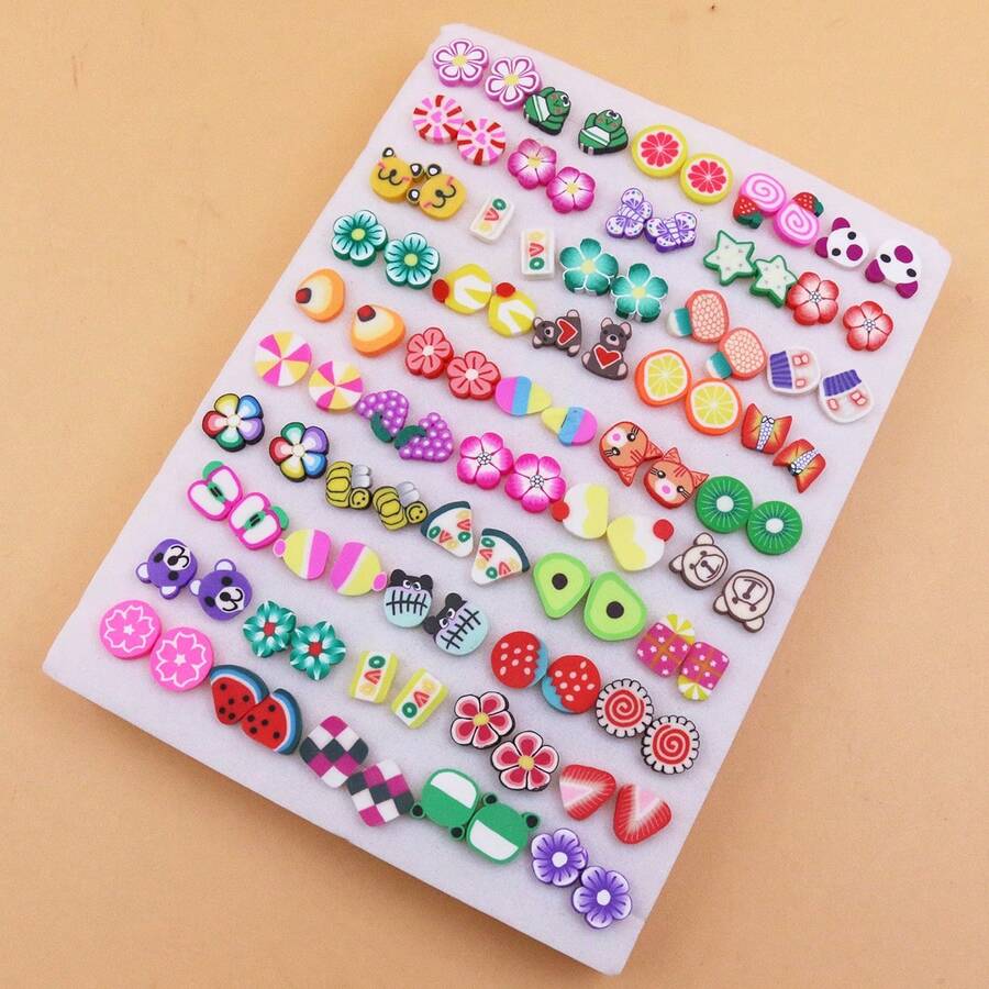 50 cặp/bộ Hoa tai thiết kế hình trái cây & động vật ngẫu nhiên - Nhiều màu - Xem 1