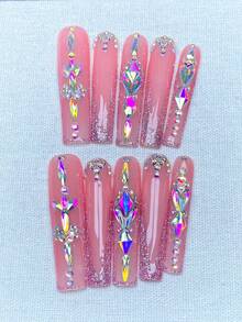 10pcs Y2K Extra Long French Press On Nails Full Coverage Fake Nail Handmade Press On Nails With 3D Shiny Rhinestone Decoration,Perfect For Weddings, Parties, Valentine's Day, Birthdays, Christmas Gifts,Supremely Fit Reusable Nail Art,1pc Jelly Gel/1pc Mini Rubbing Strips ,Detachable Press On Nails Set,Suitable For Ladies And Girls For Holiday Parties And Daily Wear,Nail Products - Multicolor - View 1