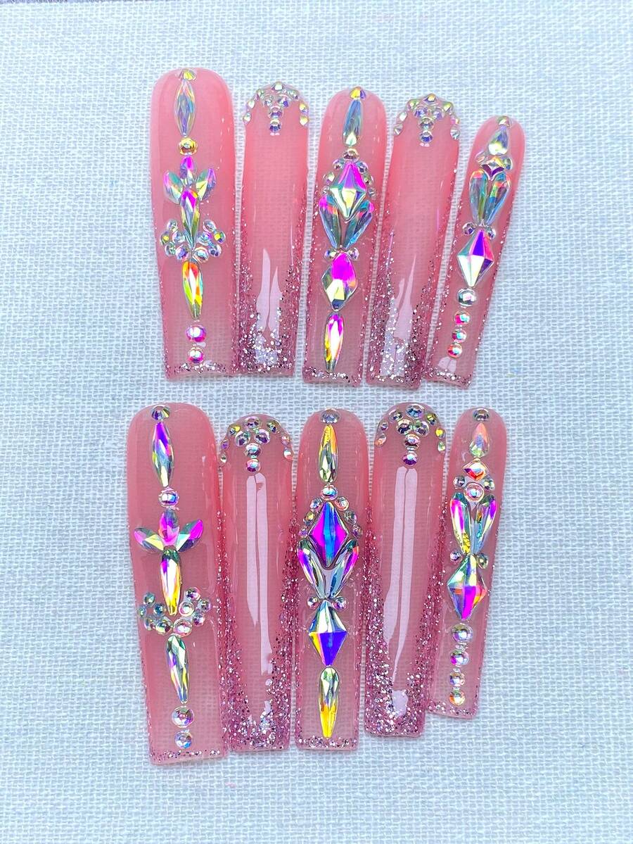 10pcs Y2K Extra Long French Press On Nails Full Coverage Fake Nail Handmade Press On Nails With 3D Shiny Rhinestone Decoration,Perfect For Weddings, Parties, Valentine's Day, Birthdays, Christmas Gifts,Supremely Fit Reusable Nail Art,1pc Jelly Gel/1pc Mini Rubbing Strips ,Detachable Press On Nails Set,Suitable For Ladies And Girls For Holiday Parties And Daily Wear,Nail Products - Multicolor - View 1