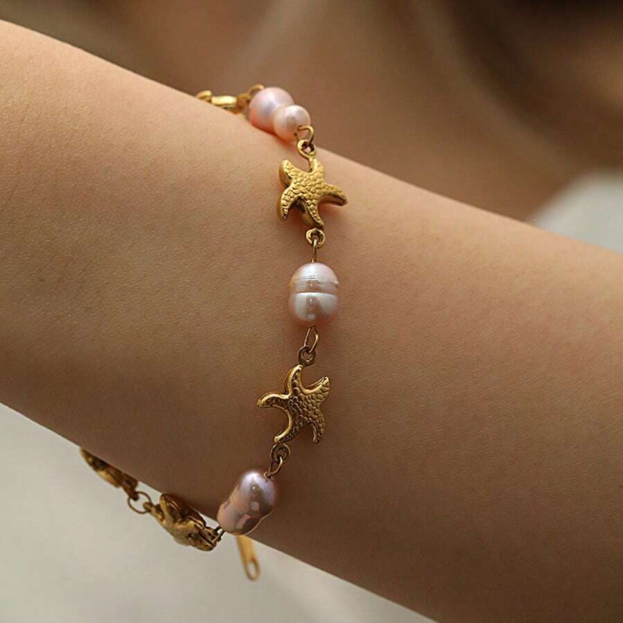 手工巴洛克珍珠海星手链 | 18K镀金,防褪色 | 低过敏性,精致奢华的时尚单品 - 金色 - 查看 1