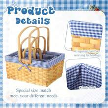 Cesta de picnic de diferentes tamaños con asas a cuadros a cuadros con forro de cuadros para primavera Pascua picnic camping al aire última intervensión recolección de huevos regalo de - Azul - Ver 4
