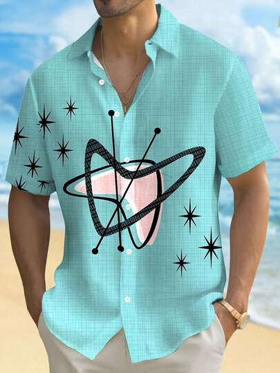 Vintage Medieval Geometric Atomic Print Button-Down Short Sleeve Shirt, Plus Size