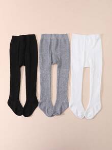 3 Pairs Baby Girls' Solid Color Cable Knit Tight Elastic Leggings, Soft And Comfortable For 0-3 Years Old - Multicolor - View 4