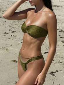 Women's Elegant Backless Ruffle Hem Solid Color Beach 2 Pieces Set, Vacation Summer - Olive Green - View 5