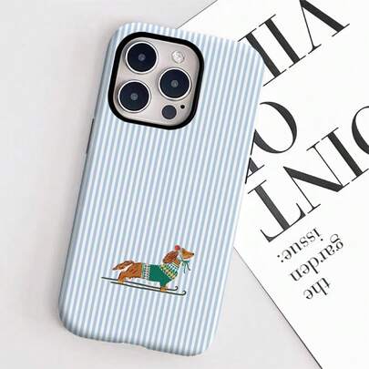 可爱腊肠犬滑板和白色条纹手机壳，兼容 17、16PM、15PM、13、13、12、11、XS Max、7、SE2，二合一亮面手机壳