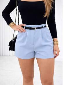 Women's Tailored High-Waisted Shorts With Belt - 淺藍色 - 查看 1