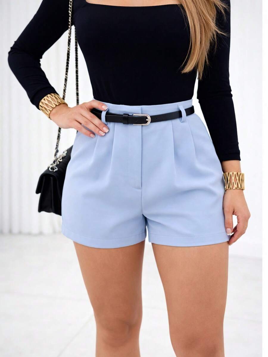 Women's Tailored High-Waisted Shorts With Belt - 淺藍色 - 查看 1