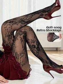 1 par de meias arrastão de renda respiráveis e anti-rasgos, com estampa floral retrô, modeladoras e confortáveis para a pele, ideais para festas e baladas. - Preto - Ver 2