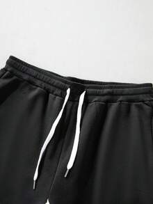 Geometric Flame Pattern Print Color Block Sweatpants For Men, Polyester Drawstring Pants, Black & White Loose Straight Leg Streetwear Trousers - Black - View 3