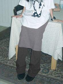 女士条纹仿两件式修身休闲打底裤 - 灰色 - 查看 6