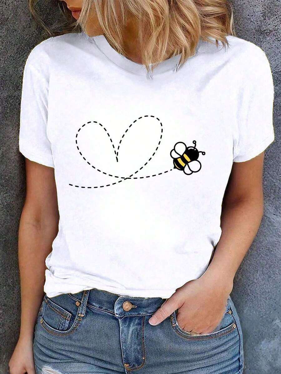 Playera de mujer 100% algodón manga corta con abejita y corazón, estilo casual juvenil, cuello redondo, transpirable para verano, modelo versátil - Blanco - Ver 1
