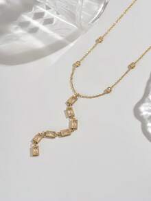 1pc Women's Stainless Steel Rectangular Cubic Zirconia Y-Shaped Necklace, 18K Gold Plated, Fashion Jewelry - Gold - View 4