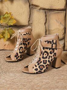 Women's Fashionable Apricot Leopard Print Thick Heel Sandals, Spring/Summer New Buckle Open Toe High Heel Lace-Up Hollow Sandals, Round Toe Lace-Up Roman Shoes, Suitable For Casual, Party, Holiday, Outdoor Activities, Comfortable Plus Size Thick Heel Breathable Short Boots High Heel Roman Shoes - Apricot - View 6