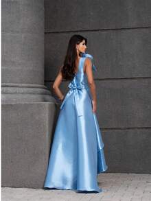 Women's Long Dress For Graduation, Party, Wedding, Bridesmaid With Flower - Màu xanh nhạt - Xem 2