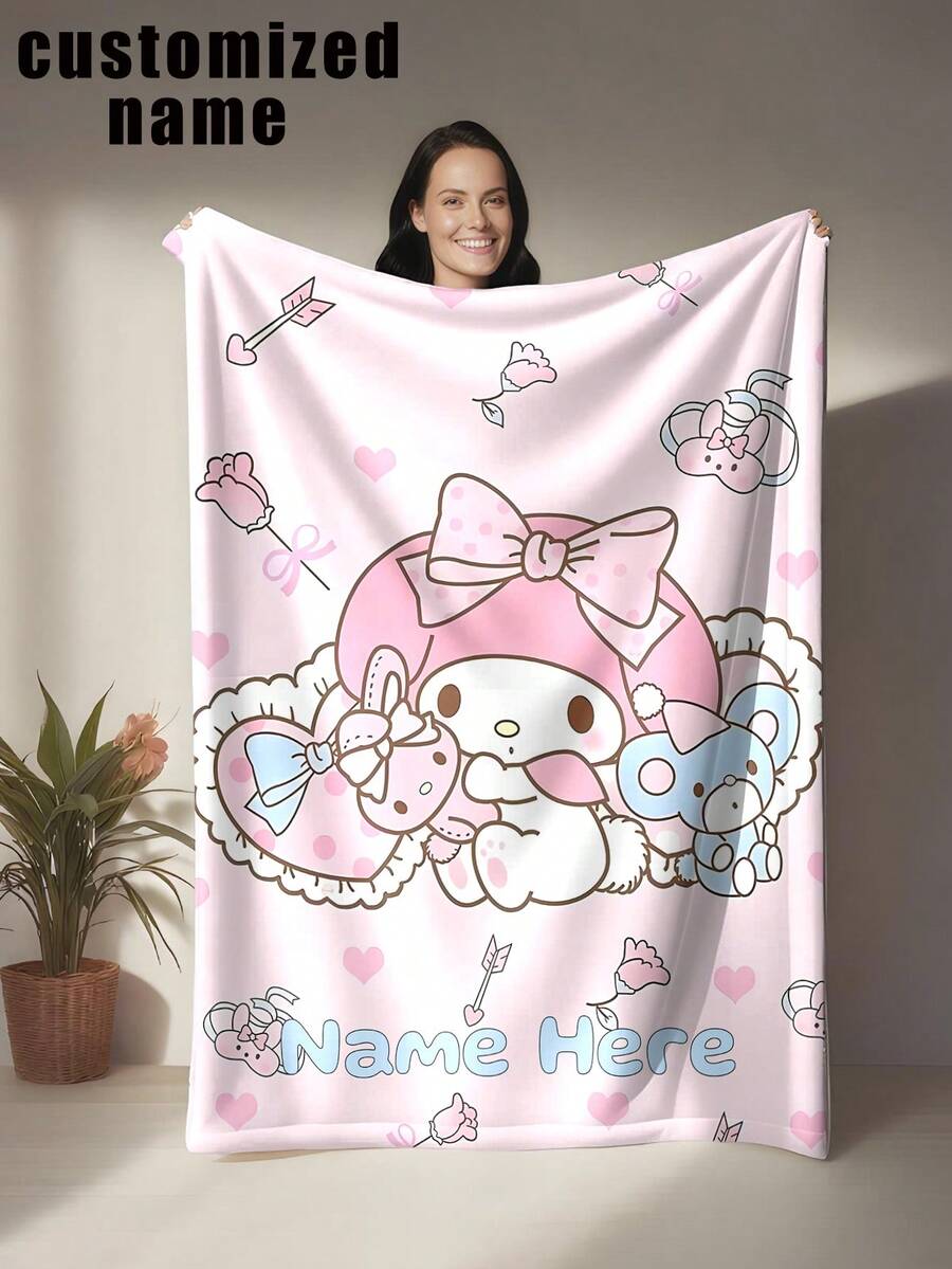 1pc Sanrio Themed Flannel Blanket, Customizable Name, Sweet & Cool Style - Suitable For All Seasons, Soft, Perfect For Sofa, Bed, Outdoor - Ideal Birthday And Holiday Gift For Family And Friends