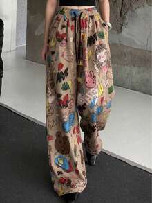 Women's Cartoon Print Wide Leg Pants, Loose Casual Trousers Spring - Khaki - View 2