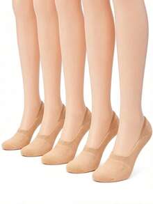 5 Pairs Women's Beige Thick Cotton Low-Cut Non-Slip Invisible Boat Socks - Beige - View 4